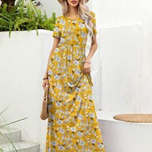 CALIPESSA Women's Empire Waist Casual Bohemian Floral Maxi Dresses with Pockets